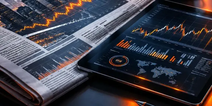 Financial newspaper tablet with charts and coffee on a desk