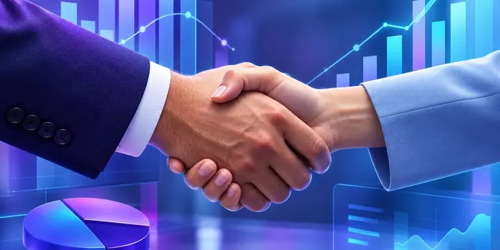 Handshake between two business professionals with charts overlay