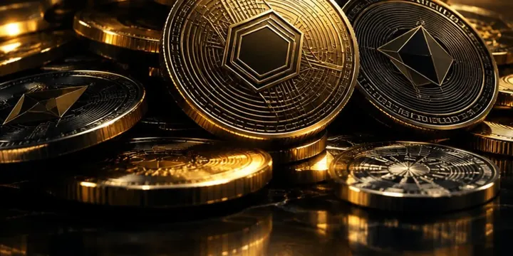 Pile of assorted generic cryptocurrency coins with abstract engraved patterns