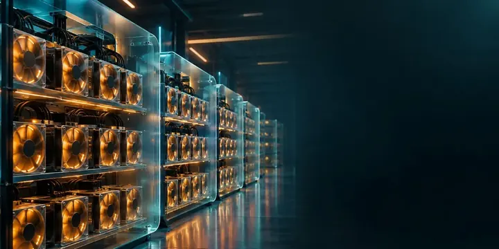 Rows of mining rigs with glowing fans in a dark data center