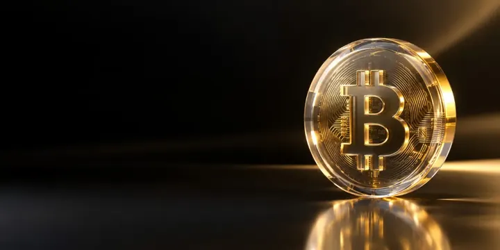 Gleaming physical bitcoin coin standing upright on a reflective dark surface