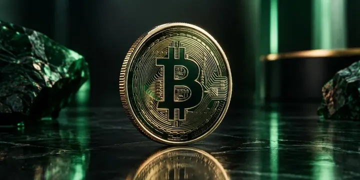 Gleaming physical bitcoin coin standing upright on a reflective dark surface