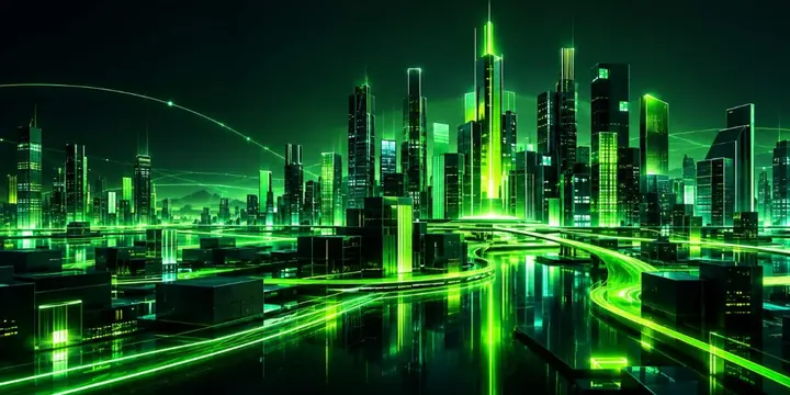 Digital city built from blocks and light paths