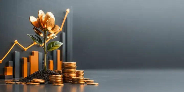Coins growing from a small plant beside a stock chart