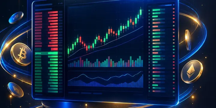 Futuristic trading interface with an order book and crypto charts