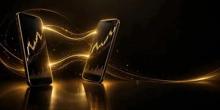 Two phones mirroring the same trade chart connected by light