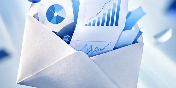 Envelope opening with charts and market icons flying out
