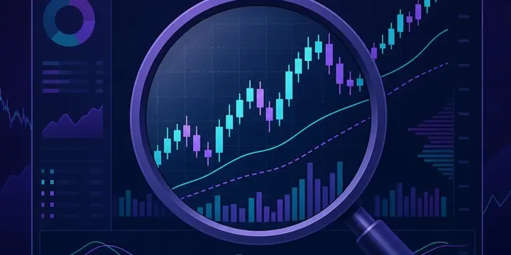 Magnifying glass over a detaiLED stock chart