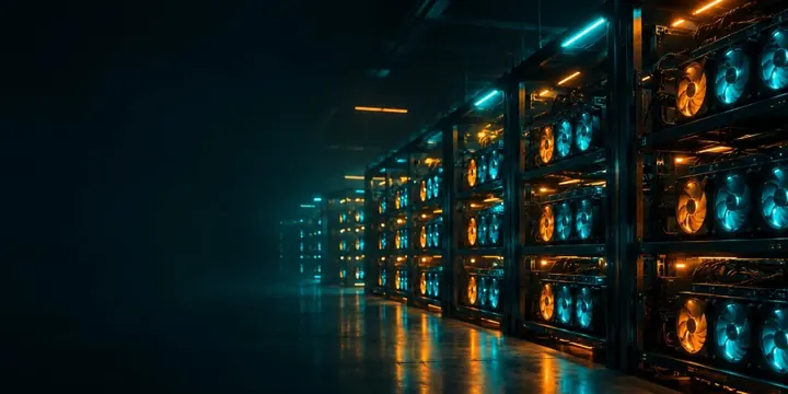 Rows of mining rigs with glowing fans in a dark data center