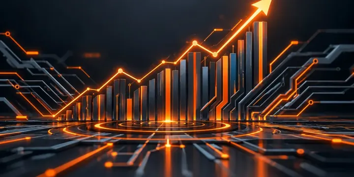 Abstract circuit patterns forming a rising stock chart