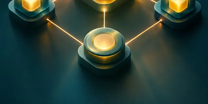 Interlocking glowing geometric tokens forming a decentralized network
