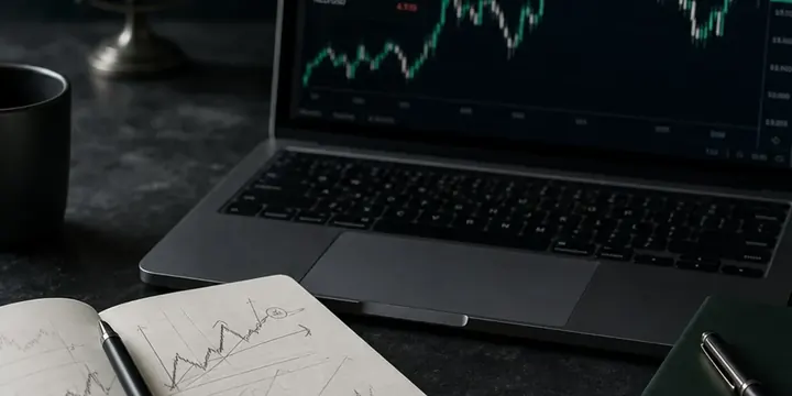 Open notebook with chart sketches beside a laptop showing currency pairs