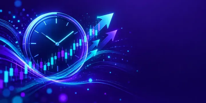 Clock merged with a crypto chart and forward arrows