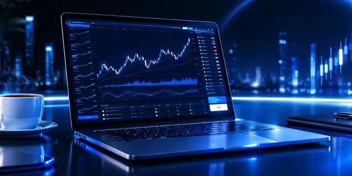 Practice mode trading screen on a laptop with a coffee cup