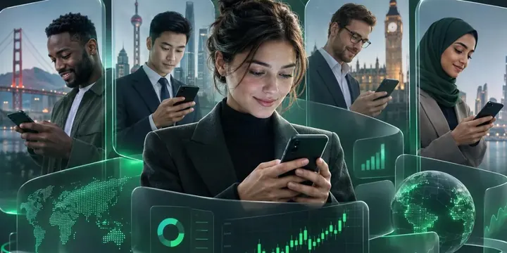 Diverse professionals in different world cities checking a trading app