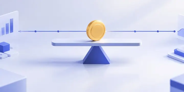 Coin resting perfectly level on a balance beam with a flat price line