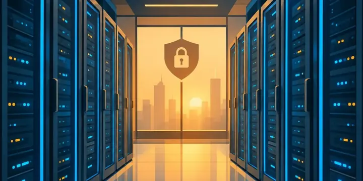 Modern secure data center corridor with blue lights