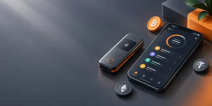 Sleek hardware crypto wallet device next to a smartphone wallet app