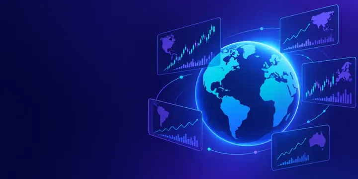 Globe surrounded by floating stock charts from different regions