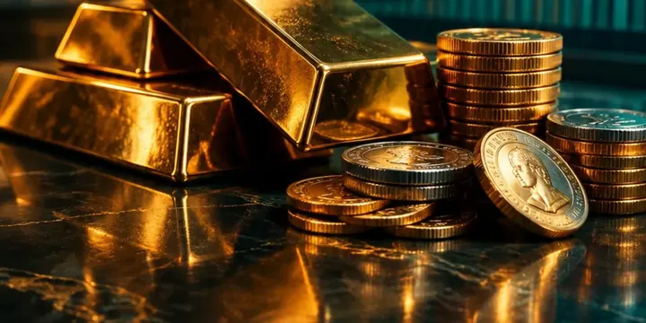 Gold bars next to currency coins with a price chart backdrop