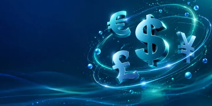 Floating 3D currency symbols of the dollar euro pound and yen orbiting each other