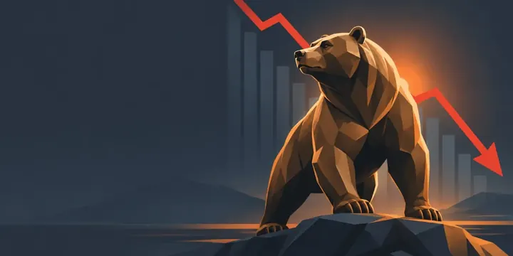 Bronze bear statue with a descending red chart behind it