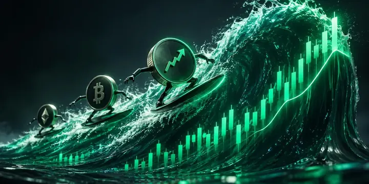 Coins surfing on a huge wave shaped like a price chart