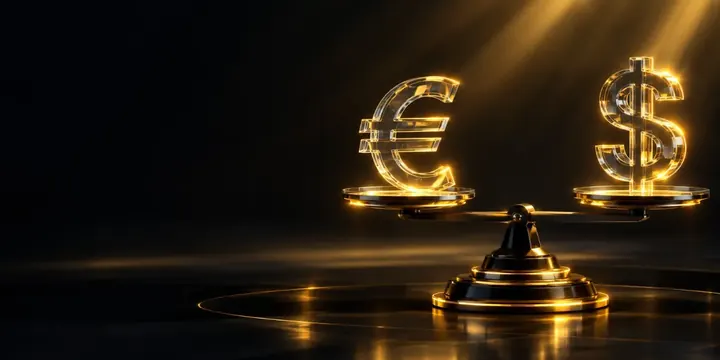 Glass euro symbol and a glass dollar symbol balanced on a sleek scale