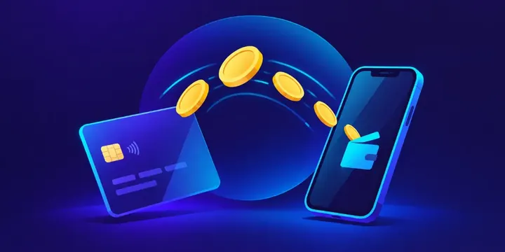 Coins flowing between a bank card and a phone
