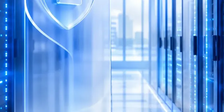 Modern secure data center corridor with blue lights