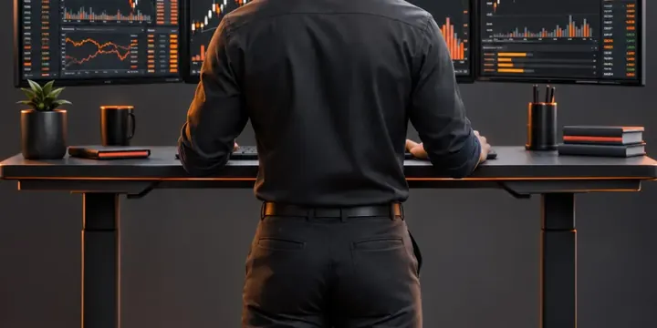 Investor at a standing desk watching fast moving intraday stock charts