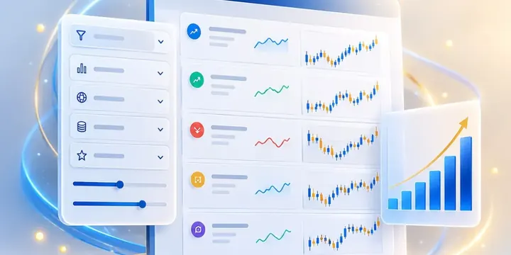Sleek dashboard with filter panels and a list of stock charts