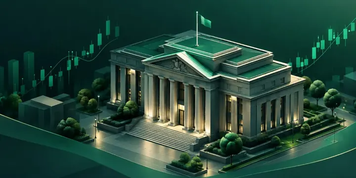 Classical central bank building facade with subtle financial chart overlays