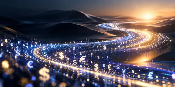 Flowing river of light made of tiny currency symbols