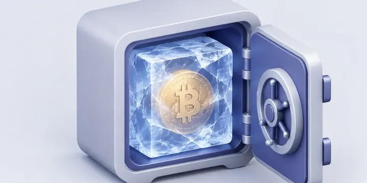 Frozen ice block encasing a crypto coin in a secure vault