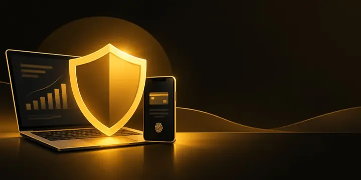 Large glowing shield over a laptop and phone
